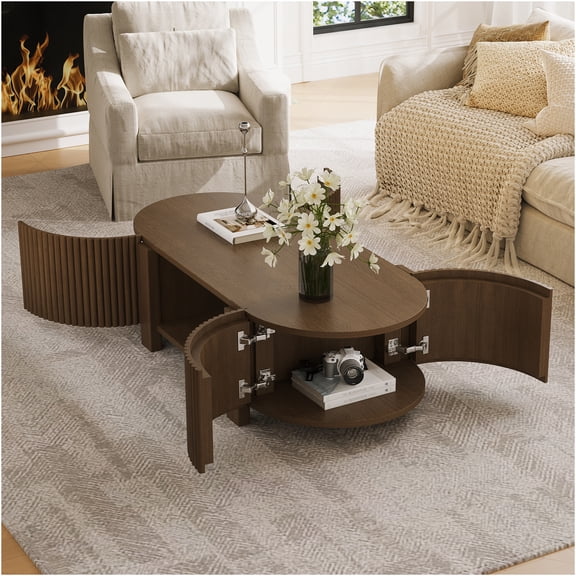 JERFIT Modern Oval Coffee Table with Fluted Design, 47 Inch Walnut Wood Storage Console Table with Shelf for Living Room