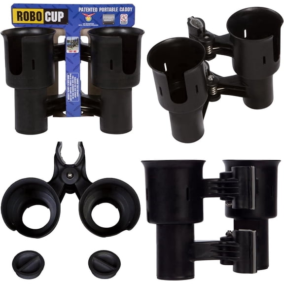 ROBOCUP, Patented Boat Cup Holder, Clamp on Portable Storage Caddy Securely Holds 2 Drinks, Fishing Poles, Tools, Marine Gear | Perfect for Boating, Beach Umbrellas, Golf Carts