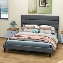 Dextrus King Bed Frame, Durable Metal & Wood Build, Quiet & Stylish Design, No Box Spring Needed, Easy-to-Assemble, 43.3" Linen Upholstered Headboard, Dark Grey