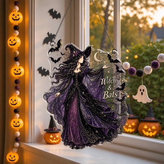 Suncatcher Witch and Bats Acrylic Window Hanging for Halloween Decor Lovers