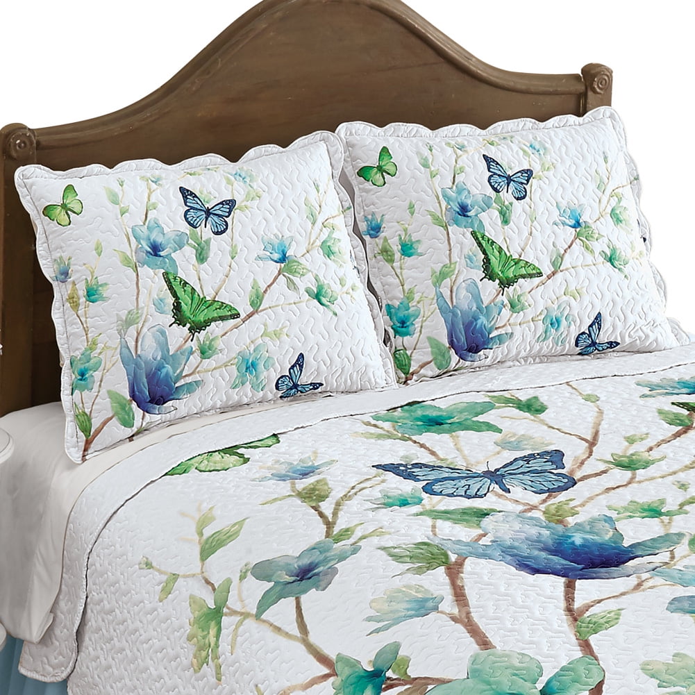Collections Etc Blue Butterfly Blossom Scalloped Pillow Sham with