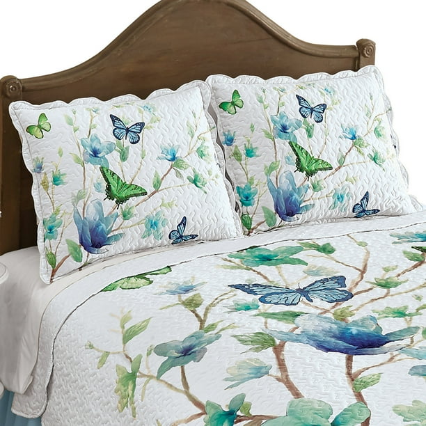 Collections Etc Blue Butterfly Blossom Scalloped Pillow Sham with