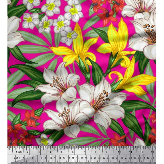 Soimoi Pink Viscose Chiffon Fabric Leaves & Lily Floral Print Sewing Fabric Yard 42 Inch Wide