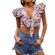 thumbnail image 1 of VISgogo Blusa de manga corta con volantes para mujer, blusas cortas estilo festivo con nudo de corbata frontal estampado floral, blusas simples informales VISgogo  moda, 1 of 7