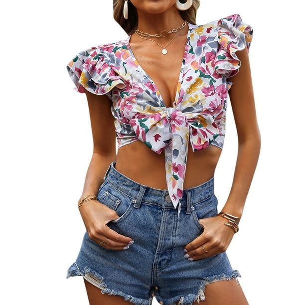 VISgogo Blusa de manga corta con volantes para mujer, blusas cortas estilo festivo con nudo de corbata frontal estampado floral, blusas simples informales VISgogo moda