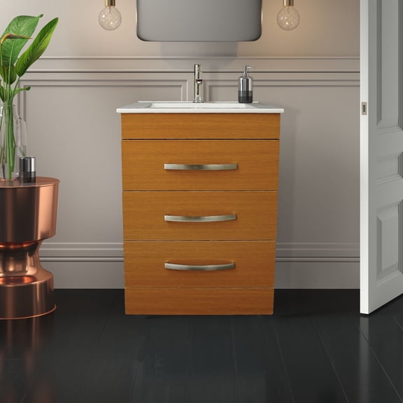 Dreamwerks 24" W x 18" D x 33" H Geneva Vanity with Ceramic Top In Light Walnut Brown Finish