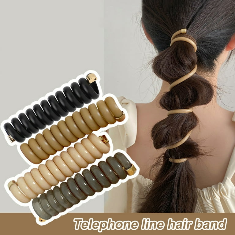 Honrane Waterproof Hair Ties Creaseless Hair Ties Set of 4 Small Spiral Hair Coils Waterproof Strong Grip Phone Cord Ponytail Holder for Women