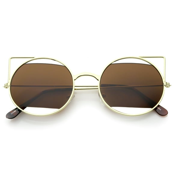 sunglassLA Unisex Women's Cutout Metal Open Frame Lens Round Cat Eye Sunglasses (Gold / Brown) - 52mm