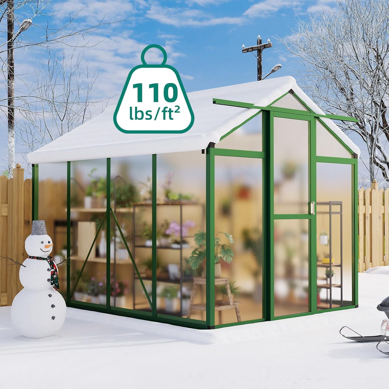 6x8 FT Walk-in Greenhouse for Outdoors – Aluminum Frame, Polycarbonate Panels, Roof Vent, Rain Gutter, Sliding Lockable Door, Easy Setup for Garden & Backyard, Green