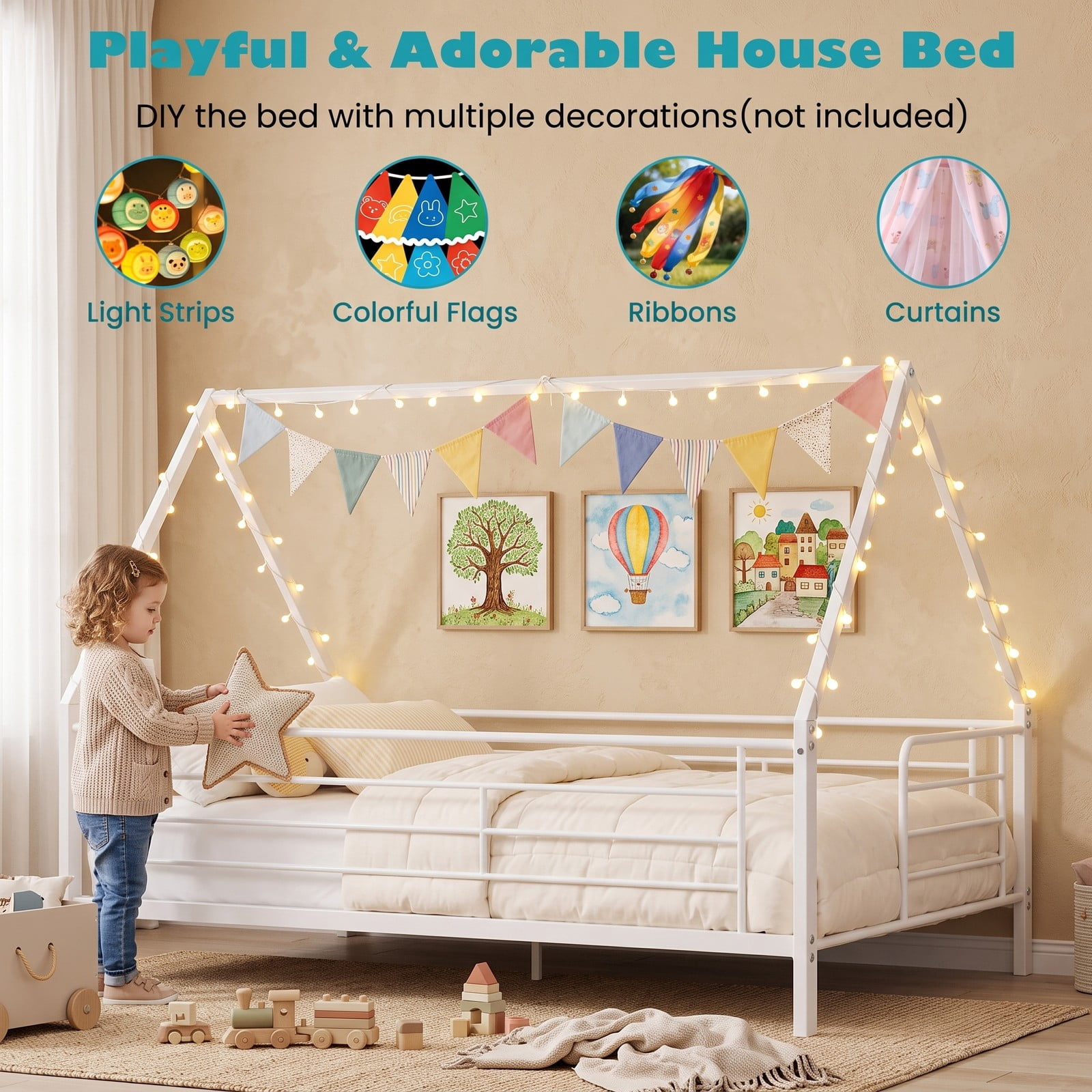 Furnibear Twin Over Twin Metal House Bunk Bed with Roof Ladder and Full-length Guardrails for Kids and Shared Rooms, White