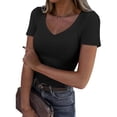 thumbnail image 2 of Summer Tops for Women T Shirt Women's V Neck Short Sleeve Tops T Shirt Elegant Basic Ribbed Tee Shirts Slim Fit Plain Tops on Sale, 2 of 6