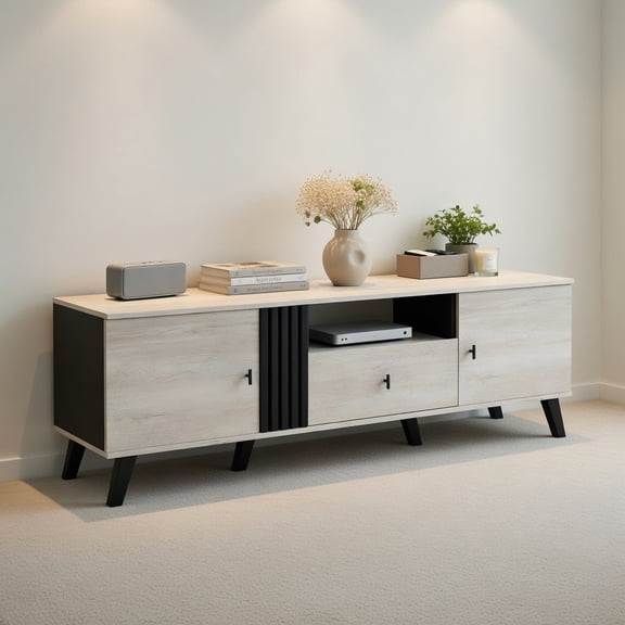 Resenkos Mid-Century Modern TV Stand for 80-Inch Screens, Oak Finish
