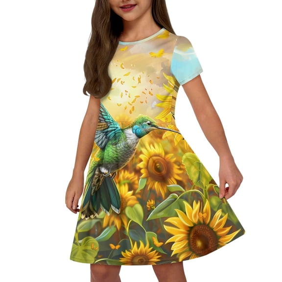 Uourmeti Hummingbird Kids Dresses 11-12Y Girls Summer Short Sleeve Dress Sunflower Lightweight Soft O Neck Midi Wedding Party Dresses with Pockets