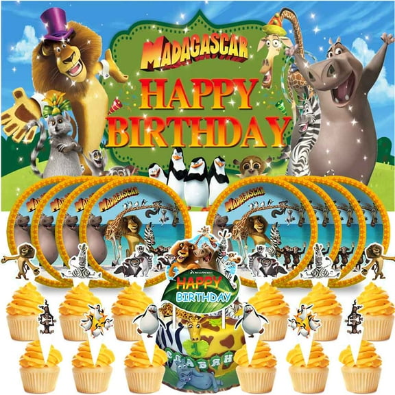 Madagascar Party Supplies Birthday Decorations Plates Banner Kids Cake Toppers Set Decor
