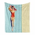 thumbnail image 1 of Vintage Woman Soft Flannel Fleece Throw Blanket, Young Woman Sunbathing at the Beach in Sunny Day Summer Holiday Theme, Cozy Plush for Indoor and Outdoor Use, 70" x 90", Multicolor, by Ambesonne, 1 of 6