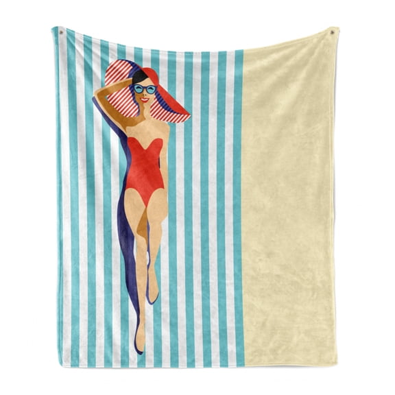 Vintage Woman Soft Flannel Fleece Throw Blanket, Young Woman Sunbathing at the Beach in Sunny Day Summer Holiday Theme, Cozy Plush for Indoor and Outdoor Use, 50" x 70", Multicolor, by Ambesonne