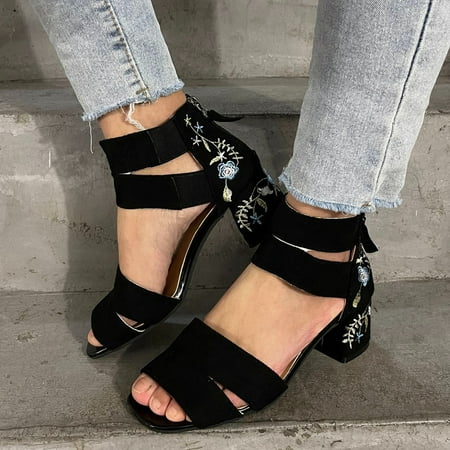 

〖Yilirongyumm〗 White 40 Sandals Women Outdoor Women s Flowers Flock High Sandals Summer Toe Open Zipper Beach Breathable Heels Shoes Embroidered Women s Sandals