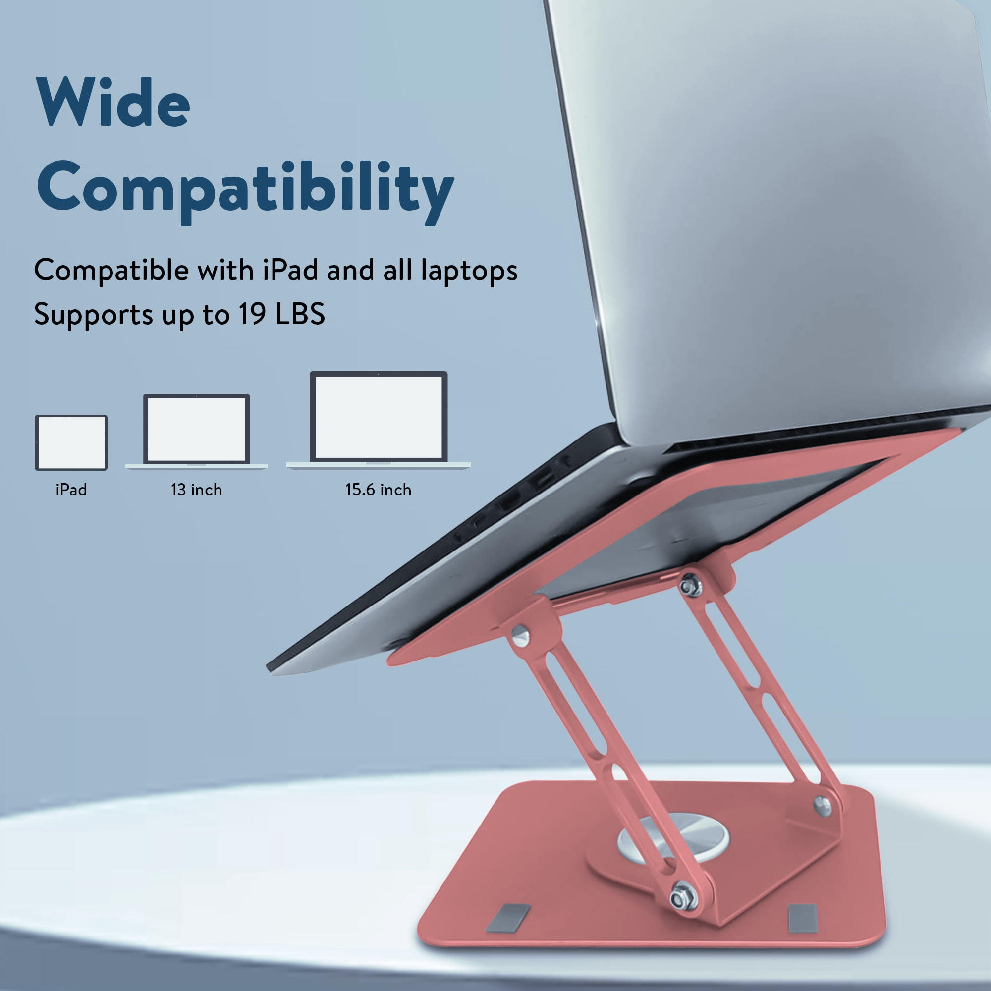 Swivel Laptop Stand for Desk – Adjustable Laptop Riser with 360° Rotation, Height & Tilt, Vented Metal Cooling Panel, Portable Folding Stand (RoseGold)