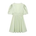 thumbnail image 3 of Vestido mini plisado liso con lazo a la moda para mujer, vestido vintage con escote en V y mangas cortas abullonadas, vestidos elegantes para mujer, 3 of 5