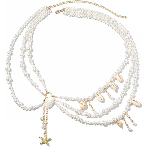 Januofit Pearl Belly Chain Layered Waist Body Chains Mermaid Beach Conch Starfish Bikini Belly Jewelry Fashion Beach Rave Party Club Body Accessories Jewelry for Women, 29.5-37.4 In