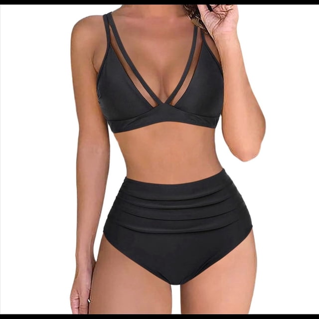 Traje de Baño de con Control de Abdomen para Mujer, Push Up, Cintura Alta, Negro, Talla L
