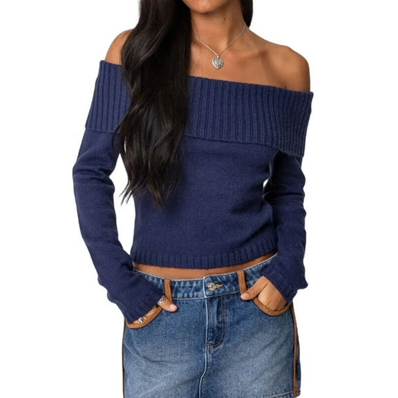 Off-Shoulder Sweater for Women 2025 Fall Fashion Cute Long Sleeve Winter Ribbed Pullover Knit Outfits Dark Blue L
