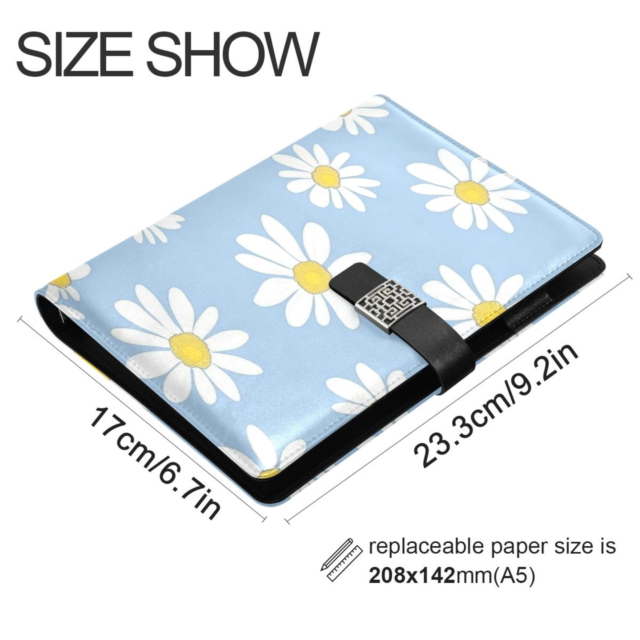 9.2x6.7 inch Leather Notebook 100 Sheets, Multi-Pocket Design & Pen Loop White Daisies Pattern Refillable Journal Organizer