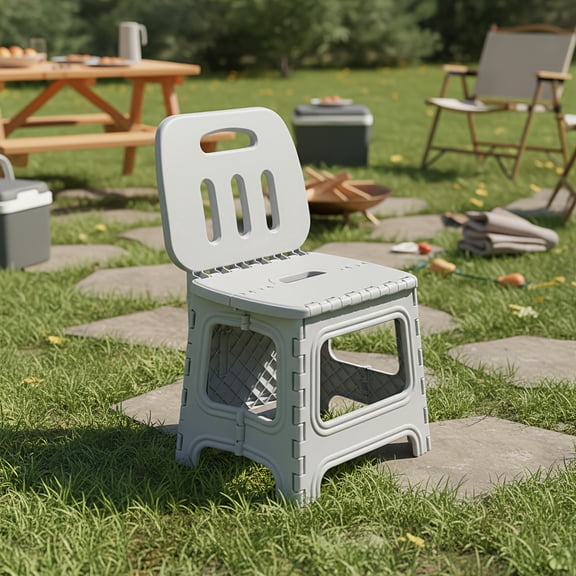 Grey Lightweight Foldable Plastic Stool with Backrest, Durable Multi-Purpose Portable Seat for Home Picnic Fishing Outdoor Use