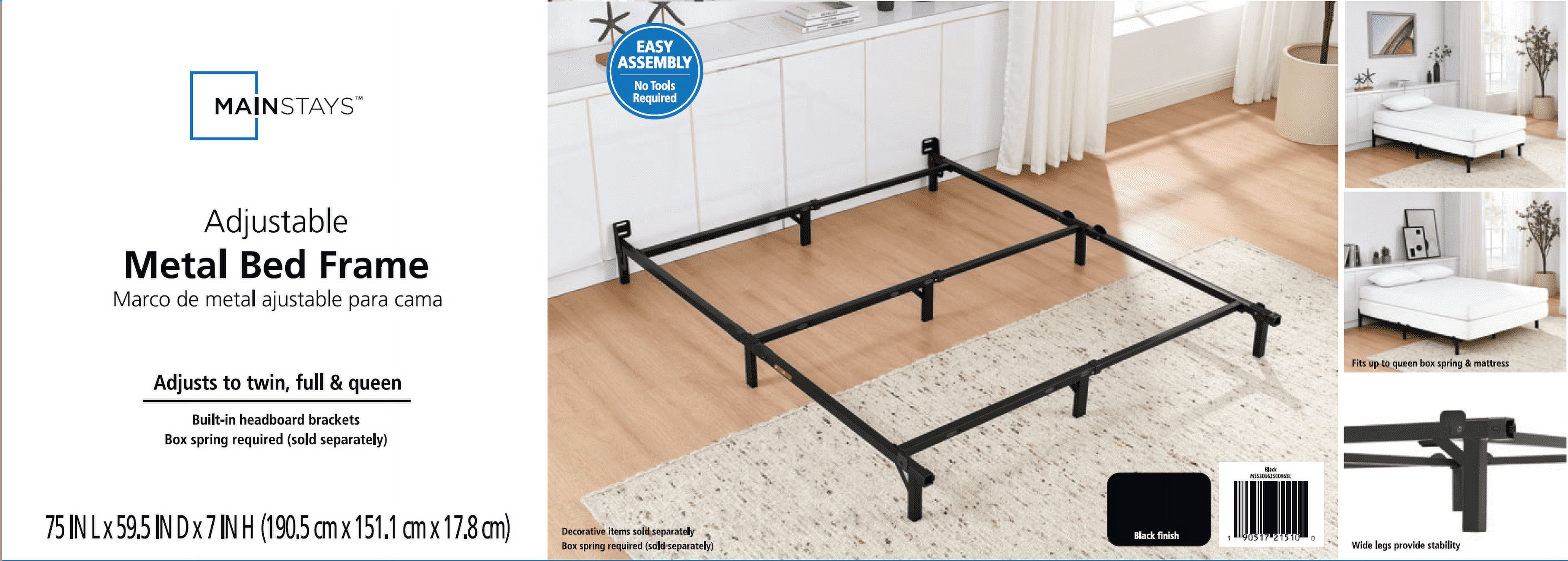 MAINSTAYS 7″ TWIN/FULL/QUEEN SIZE ADJUSTABLE METAL BED FRAME, BLACK, BOX SPRING REQUIRED (SOLD SEPARATELY)