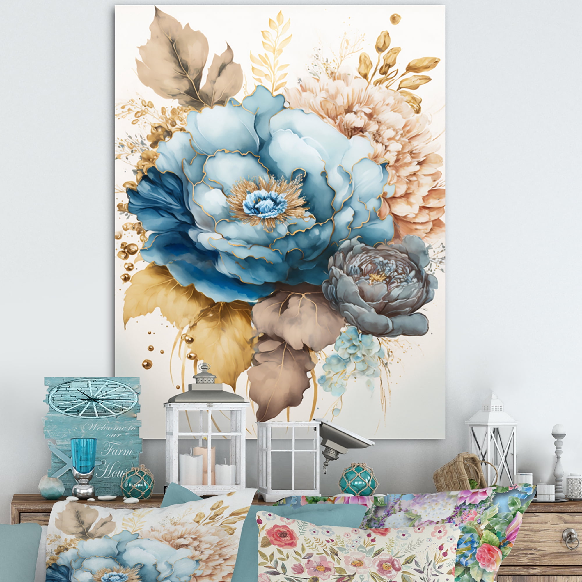 Designart Golden Blue Flower Arrangement III Canvas Wall Art