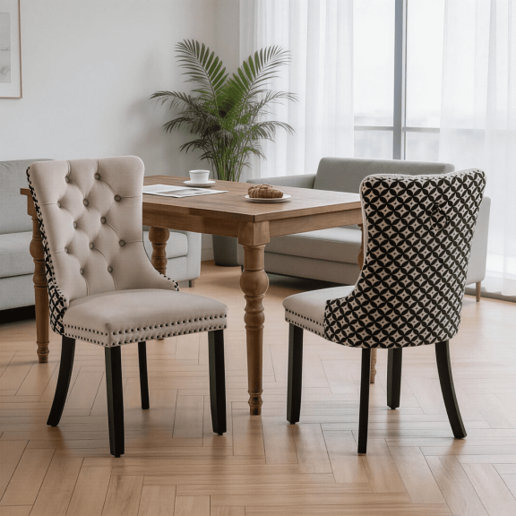 Wanling Velvet Dining Chairs Set of 2, Upholstered High-end Tufted Dining Room Chair with Nailhead Back Ring Pull Trim Solid Wood Legs, Nikki Collection Modern Style for Kitchen, Beige