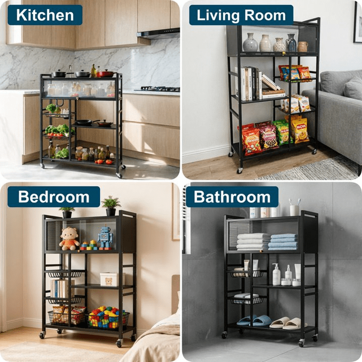 4-Tier Wire Basket Rolling Storage Cart, Metal Shelving Organizer with Wheels for Kitchen, Office, and Bathroom