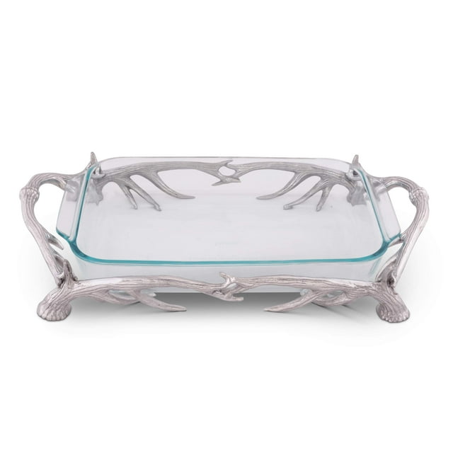 Arthur Court Soporte Para Cazuela De Metal De Vidrio Pyrex Con Diseño De Asta Rústica, Arena Fundida En Aluminio Con Diseño Pulido A Mano De Calidad Artesanal, Sin Deslustre, 21 Pulgadas De Largo, Pla