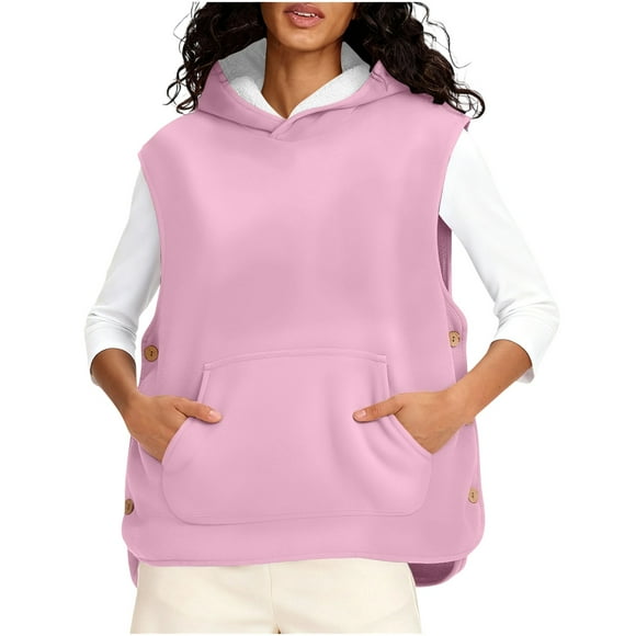 Plebaso Women's Fleece Lined Hooded Vest Pullover Sleeveless Hoodies with Side Button Womens Warm Outerwear