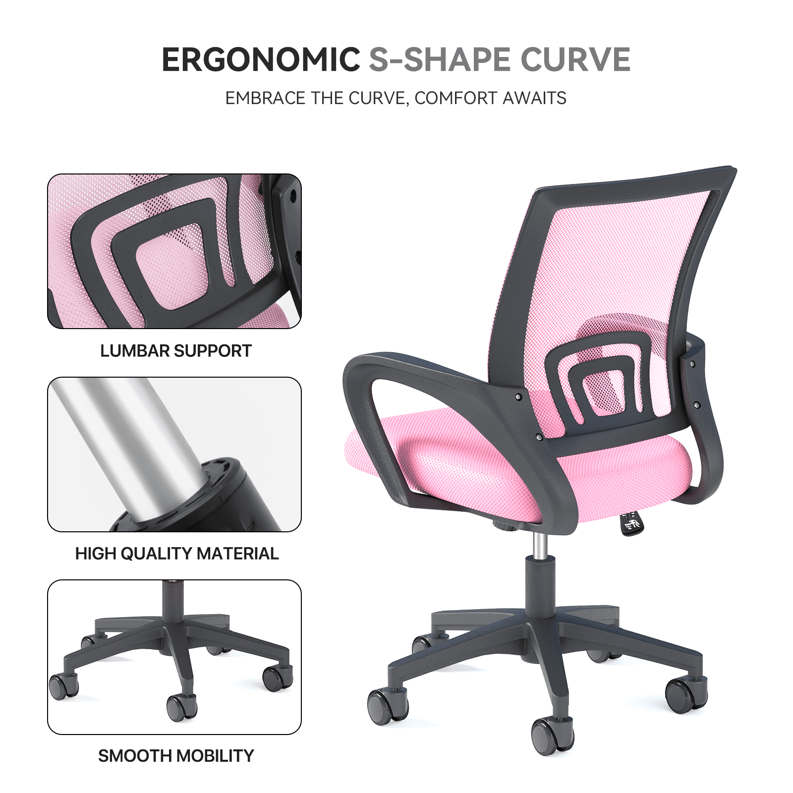 OSM 2-Pack Ergonomic Mesh Office Chairs, Mid-Back Desk Chair with Lumbar Support, Swivel Computer Task Chair for Home Office, Gaming & Study, 300 lbs Capacity, Pink