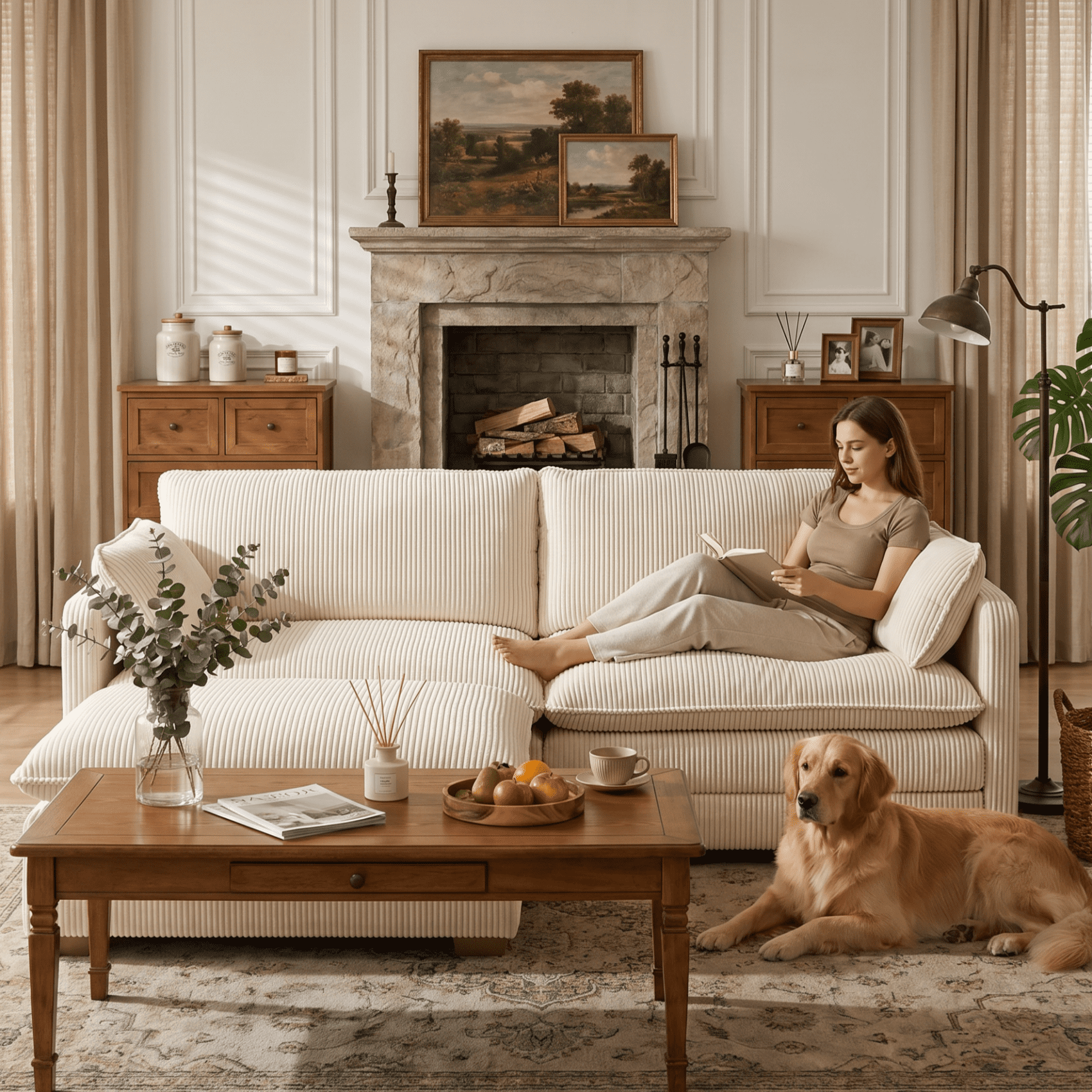 Noelse 75'' Love Seat with Movable Ottoman for Small Space Soft Corduroy Couch Sofa with 2 Pillows 2 Seater Modular Sectional Sofa for Living Room Bedroom and Apartment, Beige