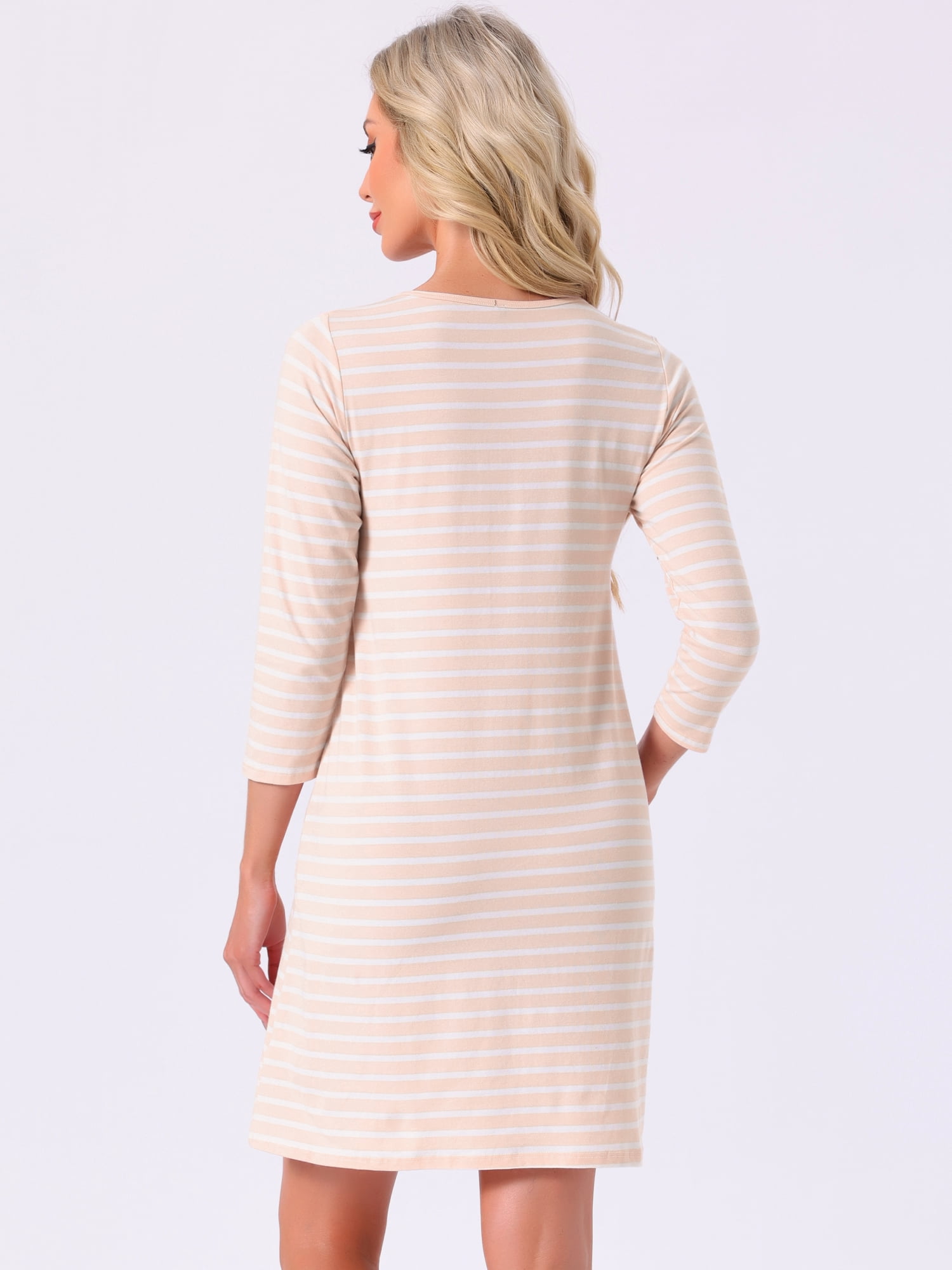 DARING DIVA Women's Cotton Stripe 3/4 Sleeve Round Neck Midi Sleepdress M Red