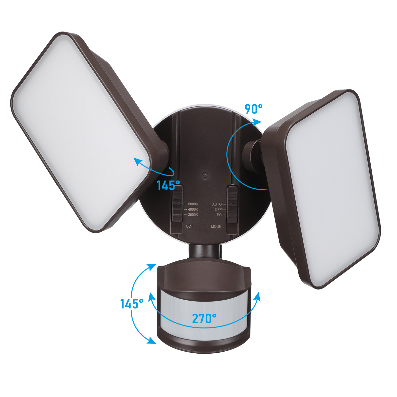 4 Pack 25W 3CCT Dual Head Plug-in LED Security Light, Motion Sensor & Dusk to Dawn Floodlight, 3 Lighting Modes, 3000K/4000K/5000K Selectable, ETL&FCC Listed, Bronze