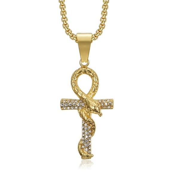 NEGS 18K Gold Plated Snake Enwind Coptic Ankh Cross Egyptian Pendant 24'' Chain Religious Stainless Steel Necklace for Men Women