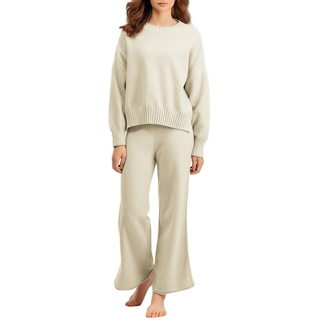 Faithtur Ensemble Décontracté pour Femmes, Chandail d'Hiver Uni à Col Rond et Pantalon à Jambe Grand, Tenues d'Hiver 2 Pcs