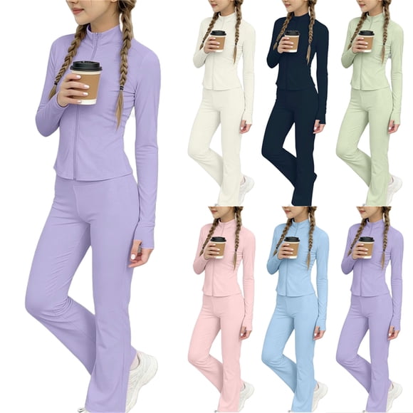 oelaio Ensemble de Tenue de Yoga pour Filles, Veste de Survêtement à Fermeture Éclair avec Col Montant et Pantalon, Ensemble de Survêtement Athlétique pour Enfants, Tenue de Jogging, Rose, 7-8 Ans