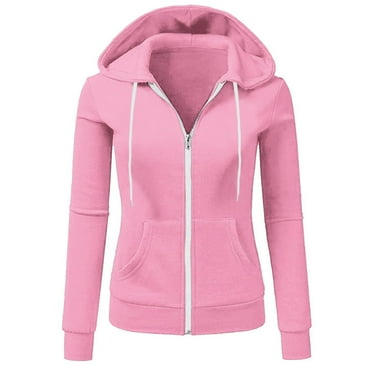 Rlmidhb Winter Full Zip Up Hoodies for Women Pink Basic Loose Solid Color Zip-up Hooded Sweatshirts Fleece Round Neck Jackets