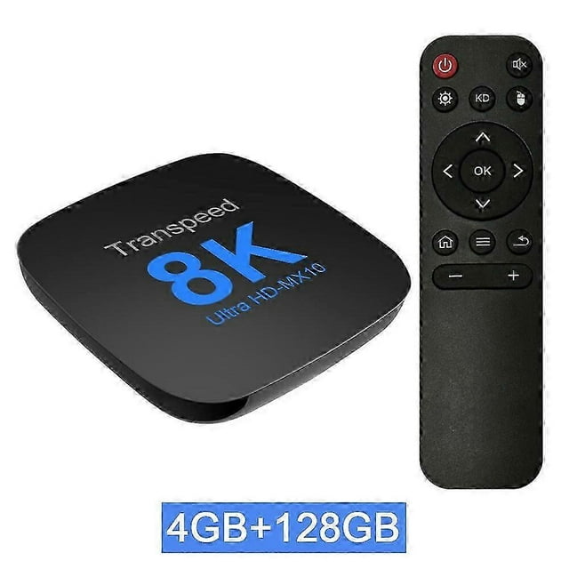 transspeed android 13 tv box atv dual wifi with tv apps 8k video bt5.0+ rk3528 4k 3d voice media player set top box Caja set-top negra y compacta, vista 3/4 desde arriba con texto azul “8K” en la tapa; control remoto negro con pad direccional a la derecha. Se aprecian puertos USB 2.0 y ranura TF; diseñado para reproducción y streaming 4K @ 30 Hz con Android. También suele usarse para reproducir archivos guardados desde USB o tarjeta TF.