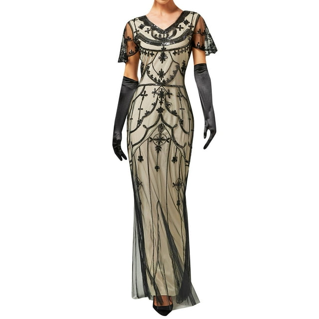 2025 Robes Longues Vintage Habillées pour Femmes et Robes de Soirée Robe Sans Manches Robe de Fête Années 1920 Invitée de Mariage Longue Robe Robe de Soirée Légère Manches Courtes Longue Ajustée Queue de Poisson