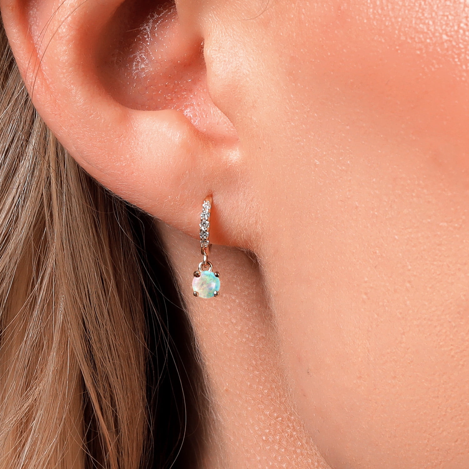 Gem Stone King 10K Yellow Gold White Simulated Opal and White Lab Grown Diamond Dangle Drop Huggie Hoop Earrings for Women (0.60 Cttw, Gemstone October Birthstone, Round Cabochon 4MM)