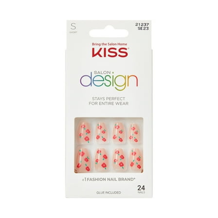 KISS Salon Design Press On Nails, ‘Boldly Glitzy’, Red, Short Coffin, 24 Count