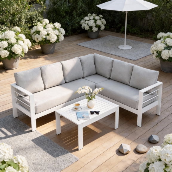 KIOOTTO 4-Piece Aluminum Outdoor Sectional Sofa Set, 7-Seat Patio Furniture with WPC Coffee Table & Thick Cushions, White/Gray (Ships in 4 Boxes)