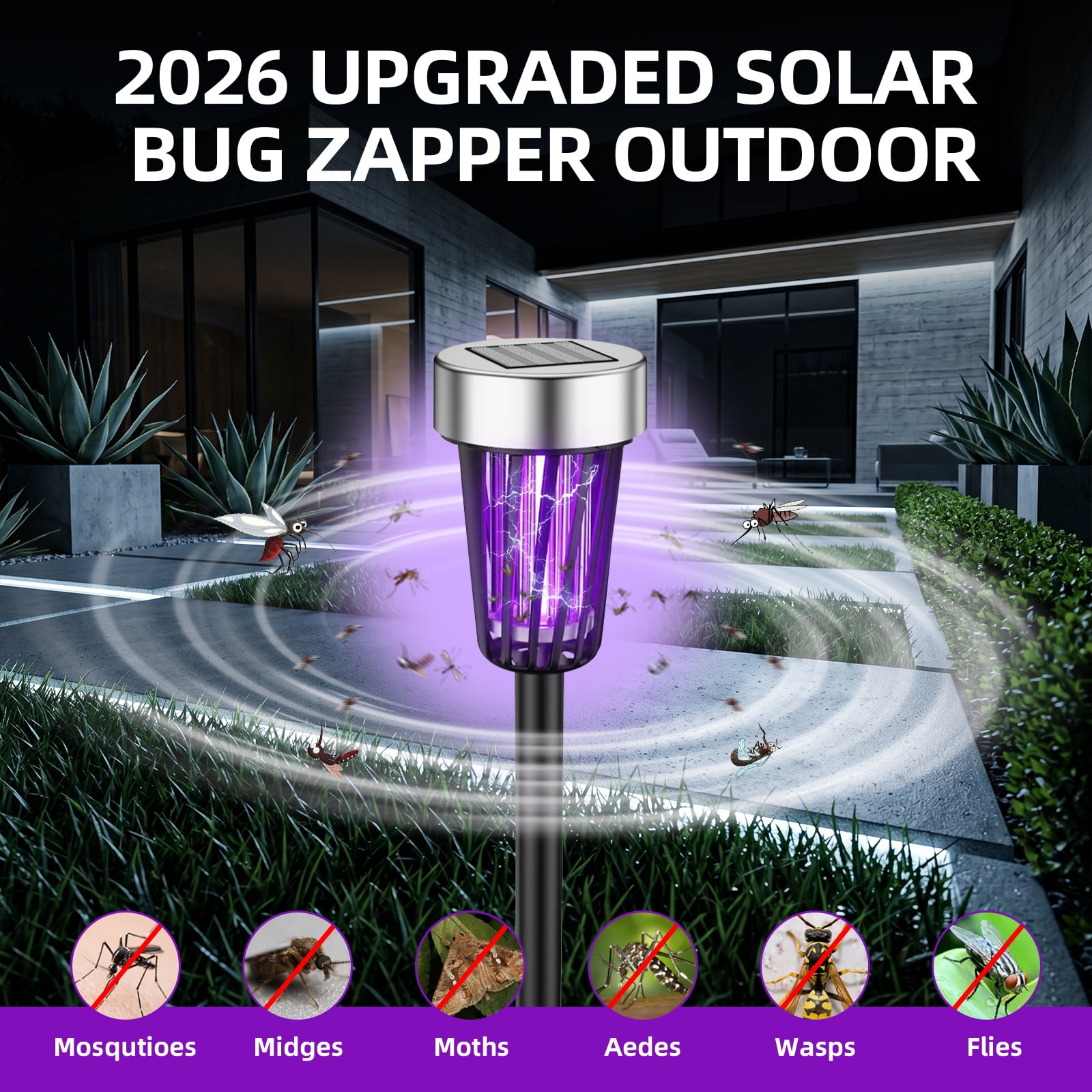 2Pack Solar Bug Zapper Outdoor Solar Powered Mosquito Zapper Mosquito Lamp Fly Zapper Repellent Lighting Stake Landscape Fixture for Garden Patio Pathway Backyard Camping