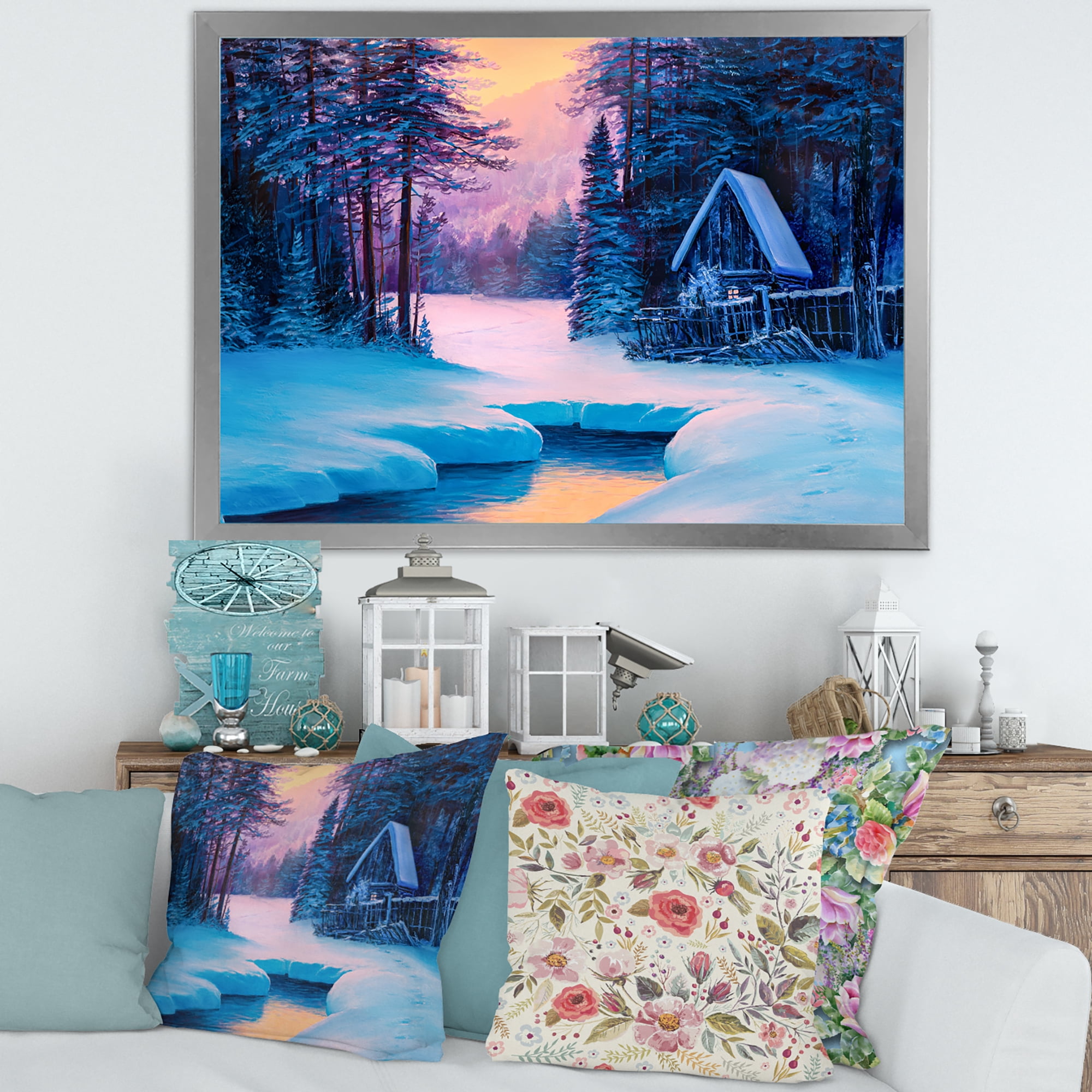 Designart 'The River House In The Woods and Winter Landscape II' Lake House Framed Art Print