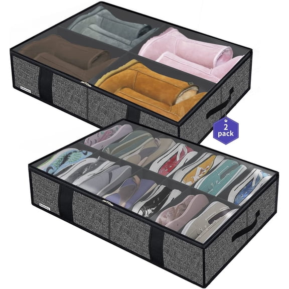 Onlyeasy Sturdy Under Bed Shoe Storage Organizer, Set of 2, Fit 12 To 24 Pairs, Underbed Shoes Closet Storage Solution with Clear Window, Breathable, L29.3 X W23.6 X H5.9, Linen-like Black